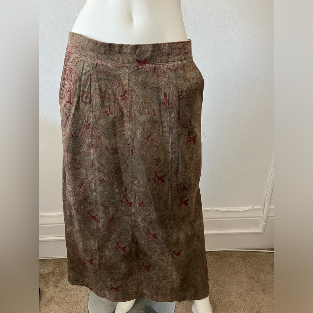 Vintage 80s Boho Paisley olive green red A line Midi Skirt 100% Suede size M